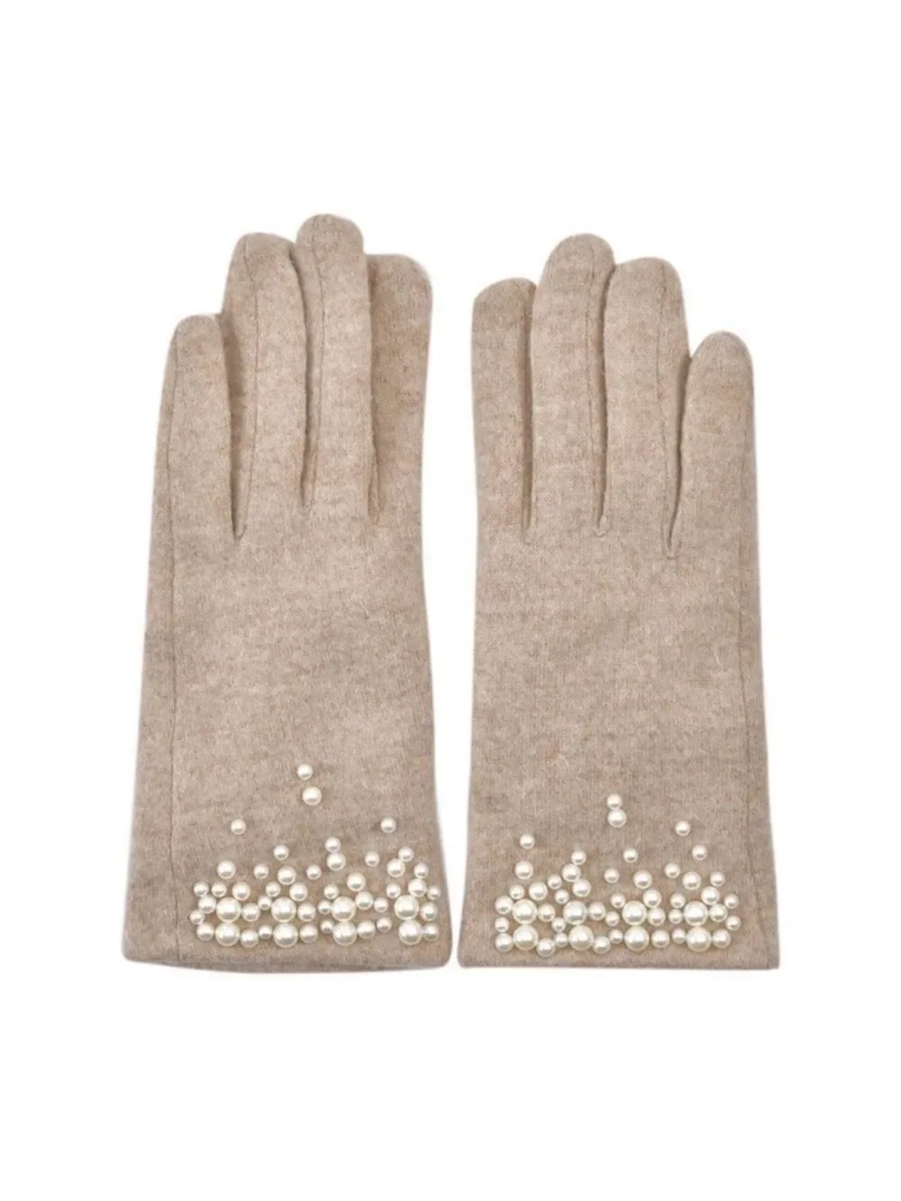 Tan Cashmere Blend Fine Knit Faux Pearl Beaded Fleece Lined E Tip Gloves